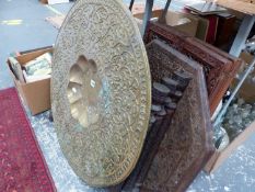 TWO EASTERN OCTAGONAL OCCASIONAL TABLES WITH FOLDING BASES, TOGETHER WITH A LARGE BRASS BENARES