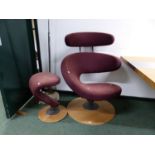 A MODERNIST DESIGN MAUVE UPHOLSTERED SWIVEL CHAIR AND STOOL EN SUITE