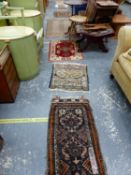 A COLLECTION OF ANTIQUE AND LATER SMALL ORIENTAL AND OTHER MATS, PRAYER RUGS ETC AND A NEEDLEWORK P