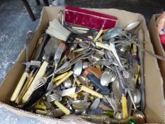 A LARGE BOX OF ANTIQUE CUTLERY.