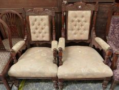 A MAHOGANY GENTLEMANS ARMCHAIR WITH BUTTONED BACK EN SUITE WITH A LADYS CHAIR