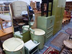 AN UNUSUAL GREEN PAINTED ART DECO BEDROOM SUITE. DRESSING TABLE W 146 X D 66 X H 163CMS, TALL BOY