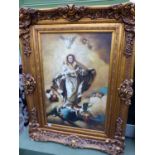 A SIGNED DECORATIVE OIL ON CANVAS MARY AND THE ANGELS IN SWEPT GILT FRAME 91 X 62 CM