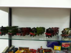 FIVE HORNBY O GAUGE CLOCKWORK LOCOMOTIVES, A SOUTHERN AND A GREAT WESTERN TENDER