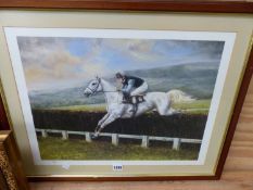 MAXINE COX (CONTEMPORARY). A PENCIL SIGNED LIMITED EDITION HORSE RACING PRINT, TOGETHER WITH A FUR