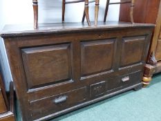 AN OAK MULE CHEST. W 124 x D 54.5 x H 72cms.