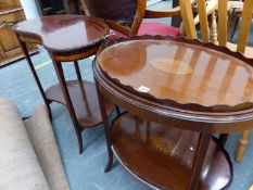 AN EDWARDIAN MAHOGANY INLAID TWO TIER TABLE WITH LIFT OUT TRAY, AND A SIMILAR KIDNEY FORM TWO TIER