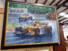 FERRIGNO (CONTEMPORY SCHOOL). ARR. A FORMULA ONE RACE SCENE SIGNED OIL ON CANVAS 71 x 92 cms