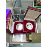 MINIATURE VINTAGE POSTAGE SCALES, TWO SILVER PROOF MEDALLIONS, VARIOUS CHURCHILL AND JUBILEE