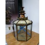 A COPPER BRASS AND BEVELLED GLASS LANTERN. H 81cms.
