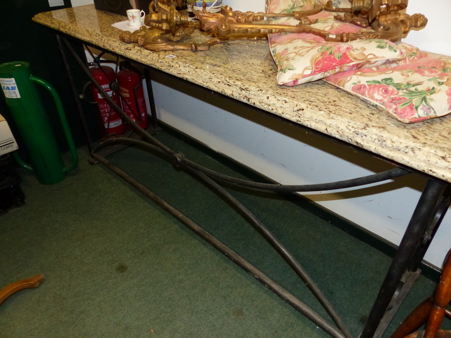 A GRANITE TOPPED TUBULAR IRON CONSOLE TABLE. W 195 x D 64 x H 90cms.