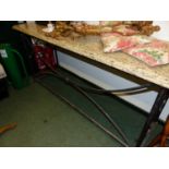 A GRANITE TOPPED TUBULAR IRON CONSOLE TABLE. W 195 x D 64 x H 90cms.