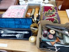 VICTORIAN SILVER PLATED FISH SERVERS, VARIOUS SEWING ACCOUTREMENTS, NEEDLEWORK PANEL, HORN BEAKERS