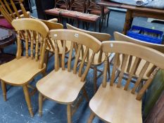 A SET OF FOUR VICTORIAN SYLE SLAT BACK KITCHEN CHAIRS, TWO SIMILAR WITH SPINDLE BACKS AND A