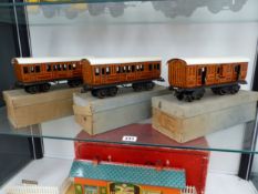 THREE HORNBY BOXED O GAUGE LNER PASSENGER CARS