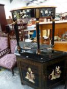 A CHINOISERIE BLACK LACQUER DEMILUNE TWO TIER TABLE TOGETHER WITH A CHINESE CABINET WITH STONE