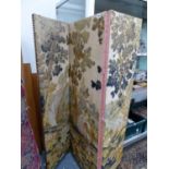 AN ANTIQUE EMBROIDERED PICTORIAL THREE FOLD SCREEN.