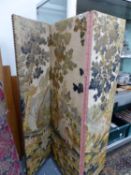 AN ANTIQUE EMBROIDERED PICTORIAL THREE FOLD SCREEN.