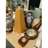 A MAHOGANY CASED WALL BAROMETER, TOGETHER WITH VARIOUS TABLE LAMPS.