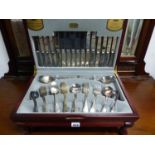 A VINERS SILVER PLATED PART CUTLERY SET IN A FOLDING CANTEEN.