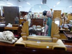 AN ART DECO BEECHWOOD MOUNTED ROUND ARCH TOPPED DRESSING TABLE MIRROR