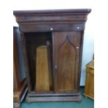 A MAHOGANY CUPBOARD WITH ADJUSTABLE SHELVES. W 120 x D 47 x H 177cms.