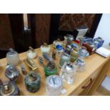 A LARGE COLLECTION OF GLASS AND STONE TABLE LIGHTERS, TOGETHER WITH A ELECTRONIC TRIGERS LIGHTER.