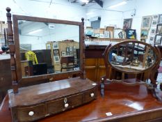 TWO MAHOGANY DRESSING TABLE MIRRORS, ONE ON THREE DRAWER BASE