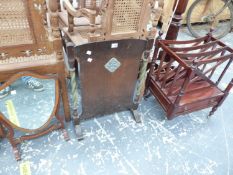 A MAHOGANY FOUR COMPARTMENT CANTERBURY, A FIRE SCREEN AND A SHIELD SHAPED DRESSING TABLE MIRROR