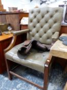 A LARGE GAINSBOROUGH TYPE ARM CHAIR WITH LEATHER UPHOLSTERY.