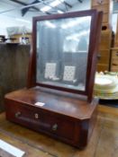 A MAHOGANY DRESSING TABLE MIRROR ON A LINE INLAID BOX WITH SINGLE DRAWER