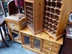 TWO PINE WINE RACKS, A PINE LOW SIDE CABINET, AND A KITCHEN PREP TABLE. THE PREP TABLE W 51 X D 51 X