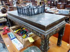 A CHINESE BROWN LACQUER GROUND COFFEE TABLE ON FLOWERING VINE PAINTED LEGS