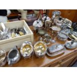 A QUANTITY OF SILVER PLATED WARES, CUTLERY ETC.