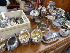 A QUANTITY OF SILVER PLATED WARES, CUTLERY ETC.