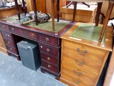 A REPRODUCTION MAHOGANY TWIN PEDESTAL DESK. W 122 X D 61 X H 77CMS, TOGETHER WITH A DESK ARM CHAIR A