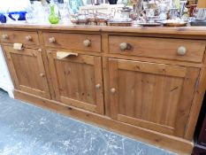 A LARGE PINE KITCHEN DRESSER BASE, W 202 X D 61 X H 92.5CMS.