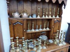 TWO ARTS AND CRAFTS BRASS KETTLES, QUANTITY OF 19TH C. CANDLESTICKS, ETC.