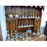 TWO ARTS AND CRAFTS BRASS KETTLES, QUANTITY OF 19TH C. CANDLESTICKS, ETC.