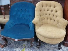 TWO ROUND BACKED NURSING CHAIRS BUTTON UPHOLSTERED IN BEIGE AND BLUE