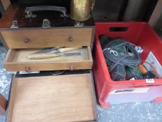 A TOOL BOX, CHISELS, AND VARIOUS TOOLS.