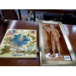 AN ANTIQUE PORCELAIN PANEL DEPICTING A DICKENSIAN CHARACTER, AND ONE FURTHER TILE.