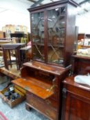 A MAHOGANY SECRETAIRE DISPLAY CABINET, THE ASTRAGAL GLAZED TOP ABOVE FOUR DRAWERS AND BRACKET