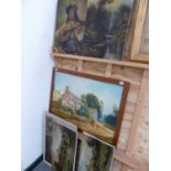 SEVEN 19th/20th.C. OIL PAINTINGS ON CANVAS, SIX LANDSCAPES OF VARYING SIZES, SOME UNFRAMED.