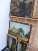 SEVEN 19th/20th.C. OIL PAINTINGS ON CANVAS, SIX LANDSCAPES OF VARYING SIZES, SOME UNFRAMED.