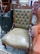 A LATE VICTORIAN LEATHER UPHOLSTERED LADIES CHAIR.