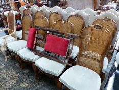 A SET OF TEN AMERICAN CLASSICAL STYLE CANE BACK DINING CHAIRS.