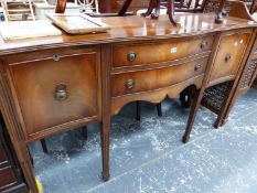 A GEORGIAN STYLE MAHOGANY SIDE BOARD. W 160 X D 47 X H 93.5, TOGETHER WITH A SMALL WRITING BUREAU ON