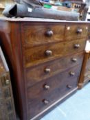 A VICTORIAN FLAME MAHOGANY CHEST OF TWO SHORT AND FOUR LONG DRAWERS. W 111 X D 55 X H 116CMS.