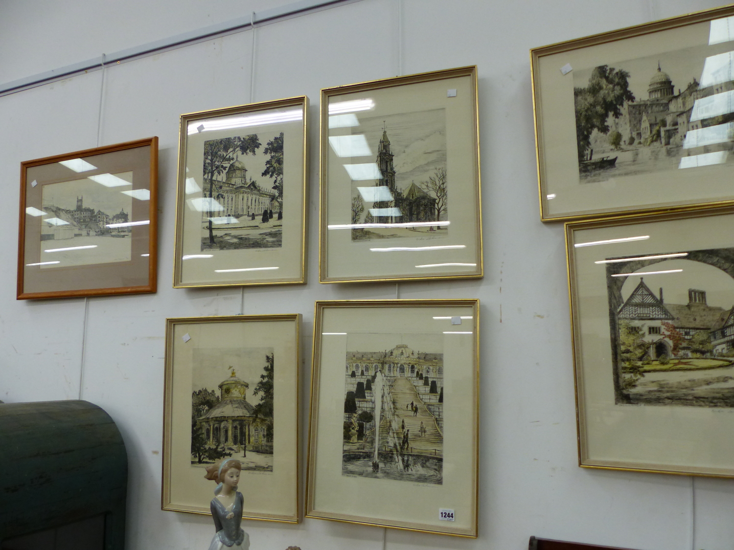 SIX 20TH CENTURY PENCIL SIGNED ETCHINGS OF CONTINENTAL ARCHITECTURAL SCENES AND A FURTHER